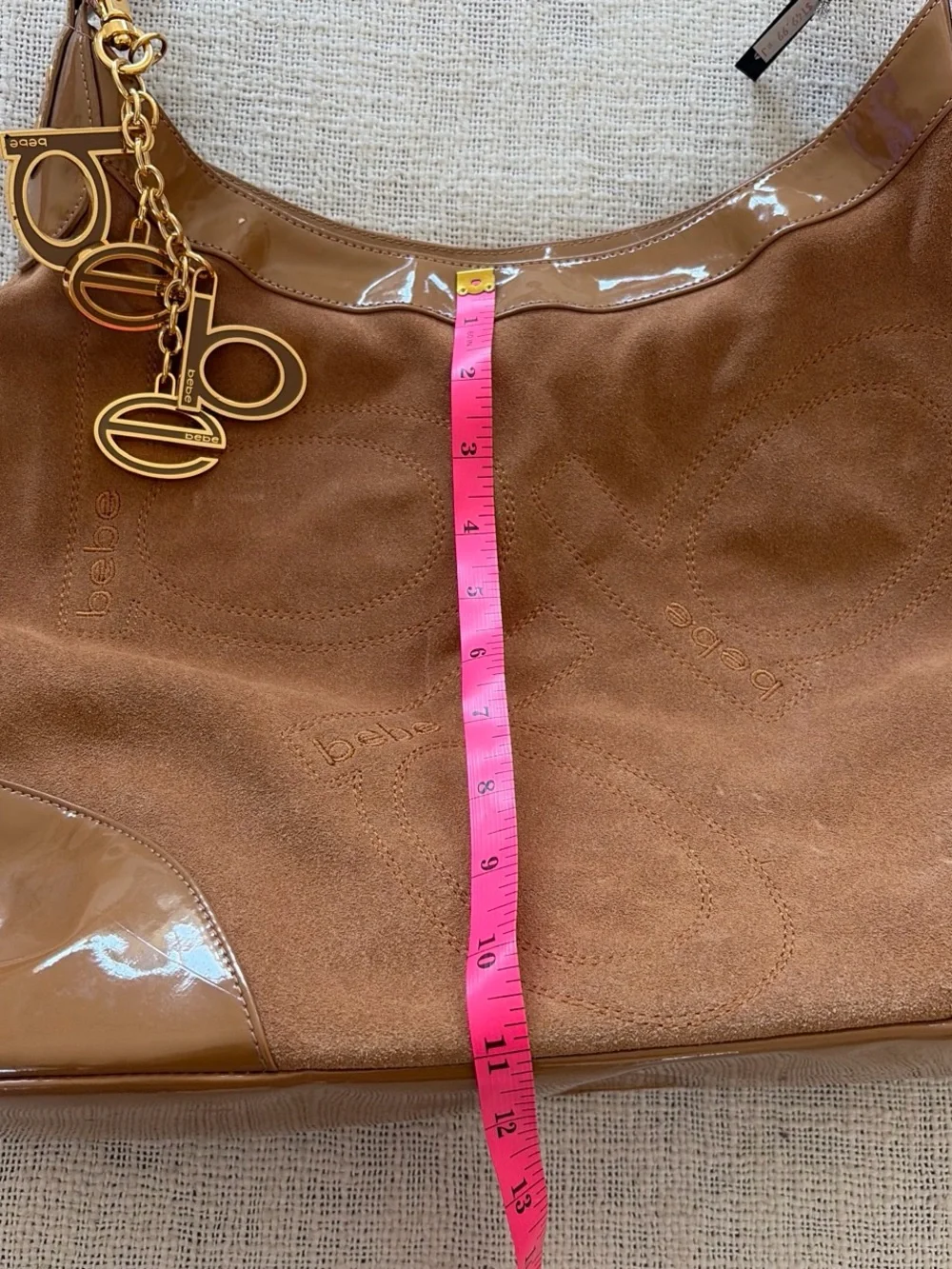 bebe Brown Suede & Patent Hobo with Gold Charm Chain
